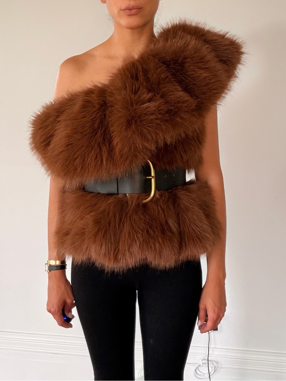 Zara Studio Brown Faux Fur One-Shoulder Top